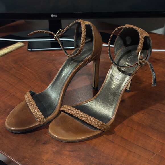 Stuart Weitzman Brown/Cognac Braided Straps Heels Round Size 6 - Picture 3 of 8